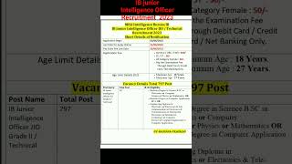 IB Junior Intelligence Officer Recruitment 2023 Short Detail of Notification #ib#jio#exam#shortvideo