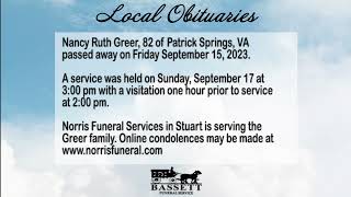 Obits for September 18, 2023