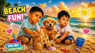 Sunset Sandcastle Adventures | Two Kids & Their Puppy at the Beach ππΆποΈ. kids playing on beach,