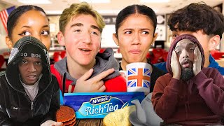 SCHOOL TEA TIME 🤨 REACTING TO AMERICAN HIGHSCHOOLERS TRY BRITISH TEA AND BISCUITS FOR THE FIRST TIME