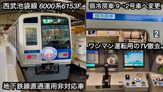 【6153Fの現状】西武池袋線 6000系6153F（アルミ • 5次車）「三菱フルSiC-VVVF＋かご形三相誘導電動機」 , 地下鉄直通非対応車・弱冷房車9→2号車変更済み・ワンマン運転TV撤去