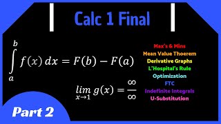 Calculus 1 Final Review (Part 2) || Max & Mins, MVT, L’Hospital’s Rule, Optimization, FTC, U-sub