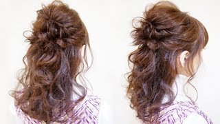 【簡単】髪の毛が細い、少ない方必見！ハーフアップのヘアアレンジ！初級レベル！ロープ編み２本とねじるだけ！hairdo 头发安排　การจัดเรียงผม 헤