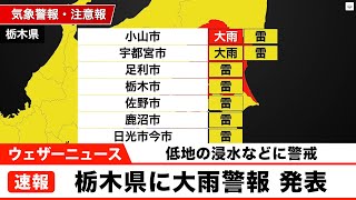 栃木県に大雨警報　低地の浸水などに警戒