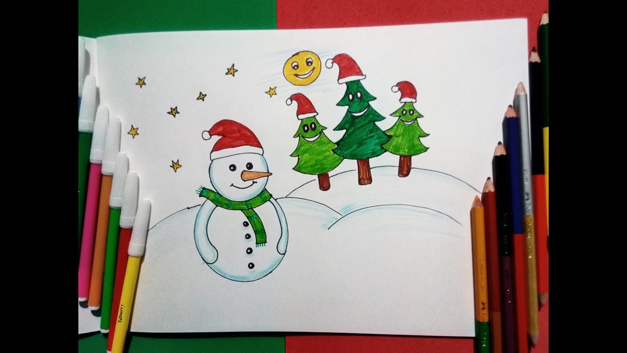 How To Draw Snow Man And Christmas Tree || Christmas Drawing For Kids ...