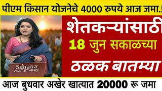 शेतकऱ्यांसाठी मोठ्या घोषणा 18 जुन सकाळच्या कर्जमाफी कापूस भाव PM योजना | farmer 50 ब्रेकिंग न्यूज