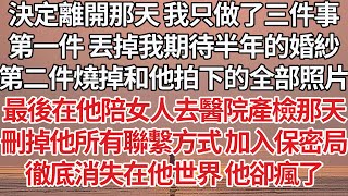 【完結】決定離開那天 我只做了三件事，第一件 丟掉我期待半年的婚紗，第二件燒掉和他拍下的全部照片，最後在他陪女人去醫院產檢那天，刪掉他所有聯繫方式 加入保密局，徹底消失在他世界他卻瘋了【爽文】【婚姻】