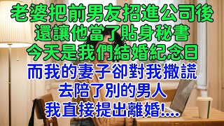 老婆把前男友招進公司後讓他當了妻子的貼身秘書，今天是我們結婚紀念日，而我的妻子卻對我撒謊，去陪了別的男人。我直接提出離婚！