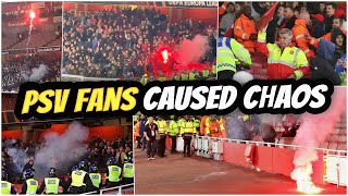 PSV fans throw seats and FLARES at Arsenal supporters!