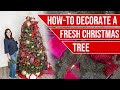 FRESH LIVE Christmas Tree TUTORIAL | Ribbons, Ornaments, Lighting and MORE!!