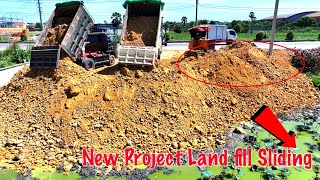 Best Whole Action KOMATSU D31P Bulldozer Pushing Soil Rock to Land fill and Truc