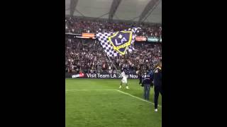 Juninho waves the giant Galaxy flag after LA clinch their 4th MLS Cup Championship