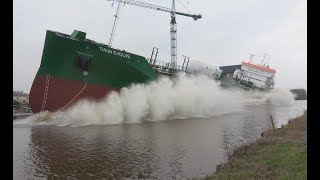 4K | Big Wave Ship Launch THUN EVOLVE at Ferus Smit Shipyard Westerbroek