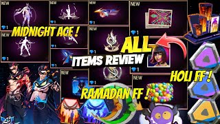 MIDNIGHT ACE ALL ITEMS FIRST LOOK | RAMADAN EVENT 2025 FF | HOLI EVENT 2025 FREE FIRE | OB48 UPDATE