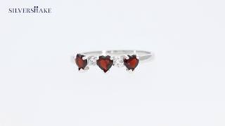 SILVERSHAKE 3-Stone Natural Heart Shape Garnet \u0026 White Topaz 925 Sterling Silver Ring-RN0024173