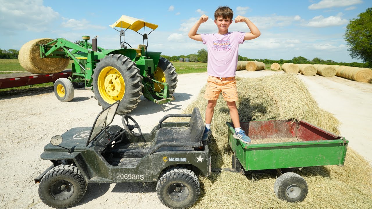 Hudson Drives A Real Tractor To Move Hay Tractors For Kids Youtube