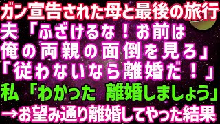 【スカッとする話】ガンを宣告された実母と最後の旅行に行くと相談すると夫「従わないなら離婚だ！」と離婚届を突きつけられた私「わかった、離婚しましょう」→お望み通り離婚してやった結果