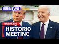 Donald Trump makes victor’s return to White House as he meets with Joe Biden | 9 News Australia