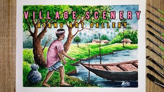 Village Scenery Drawing || Landscape Drawing with Watercolor