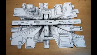 How to draw - one point perspective, 3d illusion, high-rise buildings, bird's-eye view