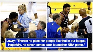 Toronto’s Kyle Lowry gets shoved by Warriors’ part-owner Mark Stevens
