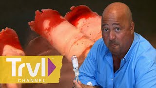 Freeze Dried Pig Fat Dipped in Blood?! | Bizarre Foods with Andrew Zimmern | Travel Channel