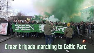 The Green Brigade marching to Celtic Park