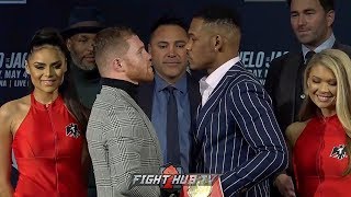 CANELO ALVAREZ AND DANIEL JACOBS FINALLY COME FACE TO FACE IN NEW YORK FOR FIRST FACE OFF!