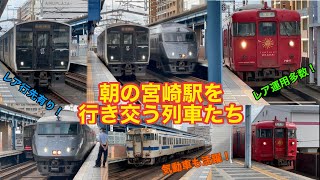朝の宮崎駅を行き交う列車たち