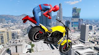 GTA 5 IRON SPIDERMAN Motorcycle Stunts Fails (Spiderman Falling off Highest Buildings) EP 31