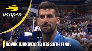 Novak Djokovic's reaction to advancing to his 36th Major Final after defeating Ben Shelton | US Open