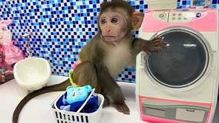 Baby monkey Bim Bim goes to do the laundry and playing with the Duck So cute
