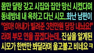 【실화사연】내가 집안 망신 시켰다며 동네방네 내 욕하고 다닌 시모~ 화난 남편이\