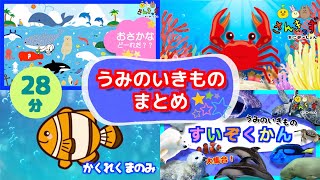 【28分連続再生】人気の 海の生き物 お魚さん 知育動画まとめpart1 赤ちゃん泣き止む 笑う 赤ちゃん幼児向け動画 イルカ サメ クジラ カクレクマノミ 水族館の動物たち