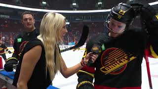 Kate Pettersen catches up with Elias Lindholm on the bench before his home ice debut!