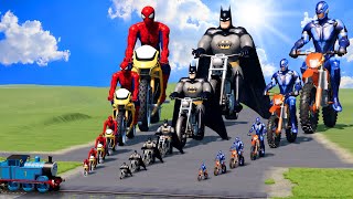 Big & Small Spiderman on a motorcycle vs Batman on a motorcycle vs Volt on a motorcycle vs Trains