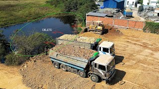 Greats Powerful Komatsu D58E Dozer Pushing Soil To Filling Land and 25Ton Dump Truck Unloading Land