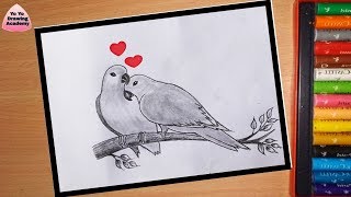 How to Draw Two Parrots in Love by Pencil Sketch || How to Draw Love Birds Step by Step