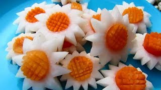 Attractive Garnish of Radish & Carrot Flowers with Onion Designs - Fruit & Vegetable Carving