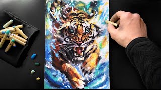 ASMR Drawing a Tiger with Pastels & Colored Pencils - No Talking