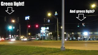 Dashcam captures "Impossible" traffic light failure with opposing green lights.