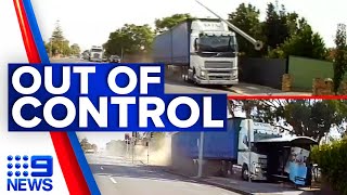 Shocking moment out-of-control truck ploughs through busy intersection | 9 News Australia