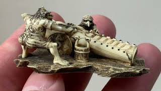 19thC Antique netsuke with Oni and Kappa cleaning a huge cannon, signed Gyokuzan.