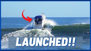 BOATER LAUNCHED BY HUGE WAVE AT MANASQUAN INLET ! | Massive Wave vs Boat | Shore Boats