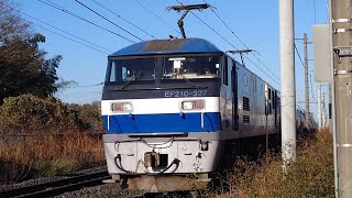 EF210-327号機+コキ20両の石油貨物が松林踏切を高速で通過するシーン2023年12月10日14時23分