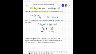 Solve each system by substitution. [    x+2 y=6; x+20 y=-12 ]