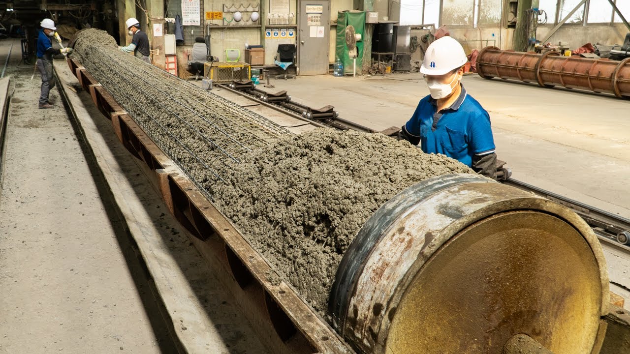 Process of Making High Strength Concrete Piles. Korean PHC Pile Factory