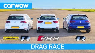 Audi RS3 vs VW Golf R... vs Golf R with £1,200 tune – DRAG RACE, ROLLING RACE AND BRAKE TEST