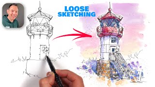 How to sketch a LIGHTHOUSE in 5 STEPS! (Loose Ink & Watercolor Sketching)