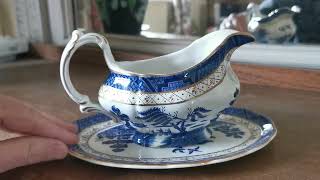 Royal Doulton Booths Real Old Willow Blue and White China Gravy Boat and Saucer